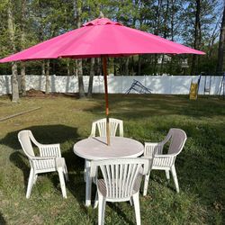 PVC Outdoor Table + 4 Chairs, Umbrella & Stand Included