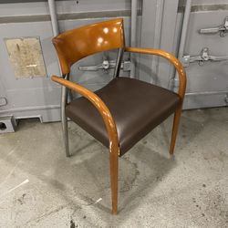 Vintage Loewenstein Mid-Century Modern MCM Arm Chair. Made in Pompano Beach FL.  Beaitiful Wood Frame. Leather seat. Some markings and signs of use.  