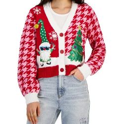 Hooked Up Juniors' Embellished Elf Ugly Christmas Cardigan Sweater - Size M