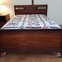 Mid Century  Full Bed Frame With Mattress & Matching Nightstand