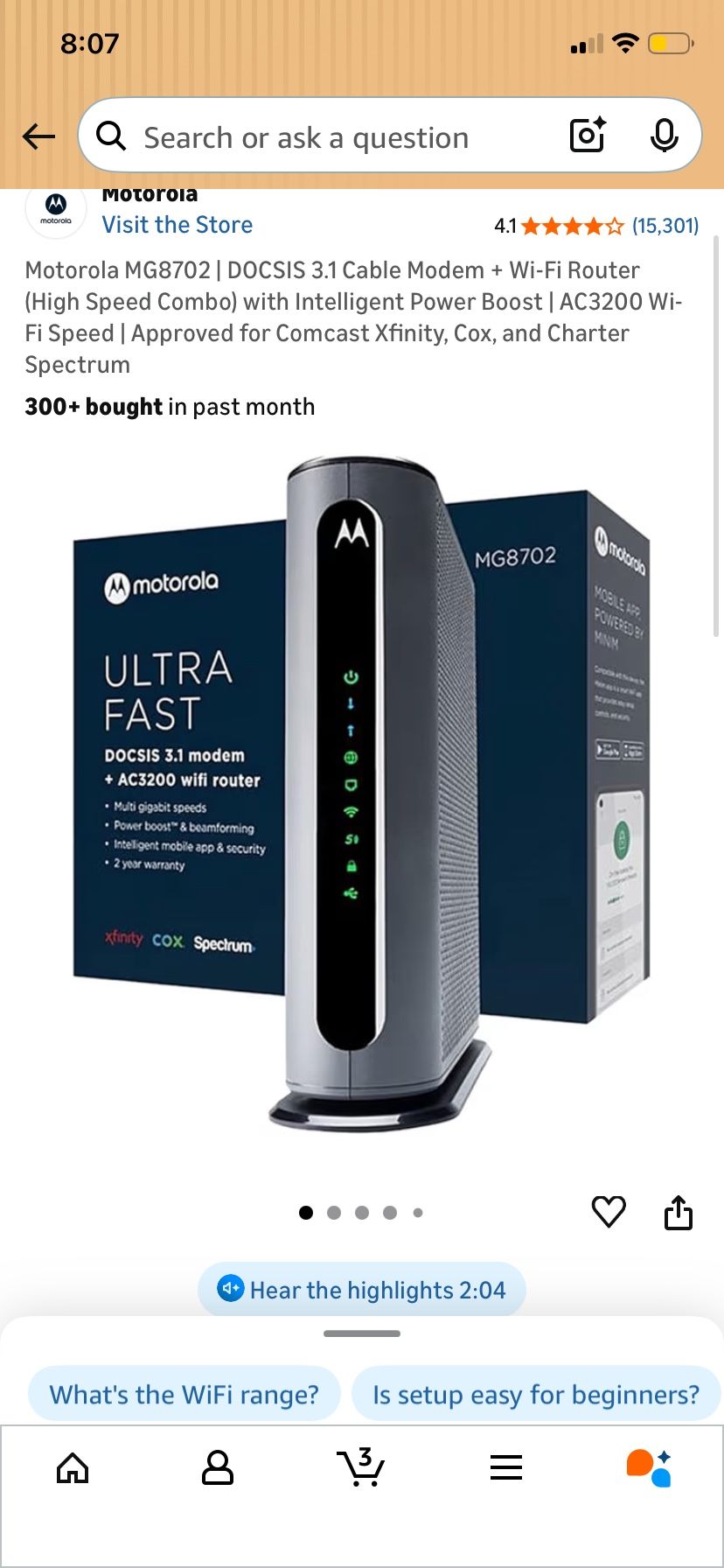 Motorola MG8702 | DOCSIS 3.1 Cable Modem + Wi-Fi Router (High Speed Combo) with Intelligent Power Boost | AC3200 Wi-Fi Speed | Approved for Comcast Xf
