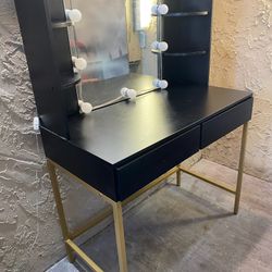 Modern Black & Gold Vanity Desk with Mirror & Lights - Local Delivery for a Fee - See My Items 😀