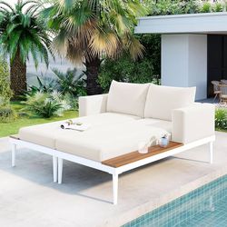 Modern Outdoor 2 in 1 Daybed, Patio Metal Sofa Bed with Extra Wood Topped Side Spaces for Drinks, Padded Chaise Lounges with Washable Cushions