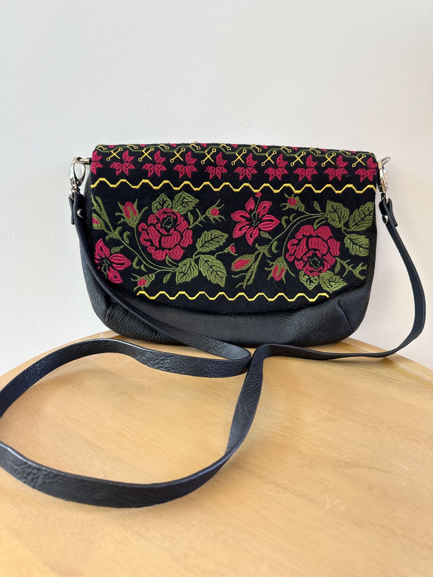 Black Leather Embroidery Purse