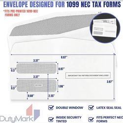 DutyMark DW19WS Double Window Security Envelopes 1099 NEC W2 Gum Seal 100pk