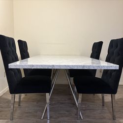 Genuine marble table with 4 tufted velvet chairs