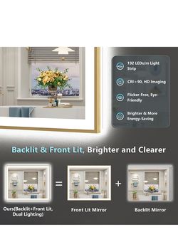 48x40 Gold LED Bathroom Mirror with Lights, Brushed Gold Framed Backlit and Front Lit Anti-Fog Lighted Vanity Mirrors for Bathroom Wall, Dimmable, 3 C