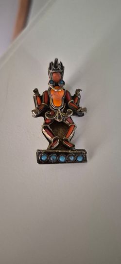 Vintage coral and turquoise brooch Indonesian goddess