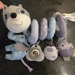 Sozzy Grey Fox Baby Car Seat Stroller Crib Toy Plush Activity Hanging Spiral w/ Music, Rattles & Squeaker