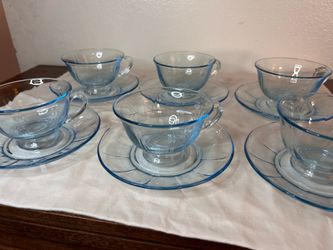 Vintage Fostoria Fairfax Azure Blue Depression Glass Set of 6 Cup & Saucer