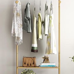 Gold Clothing Rack With Shelf Marble Like Base- L