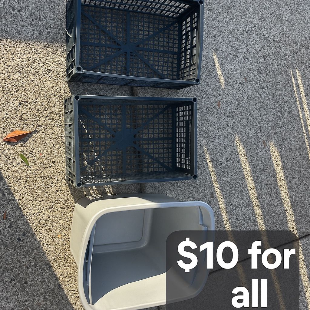 2× Heavy-Duty Black Storage Crates + Free Gray Bin