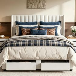 Garvee Queen Size Bed Frame, Velvet Upholstered Bed Frame with Wingback Headboard, 2 Storage Drawers, No Box Spring Needed, White