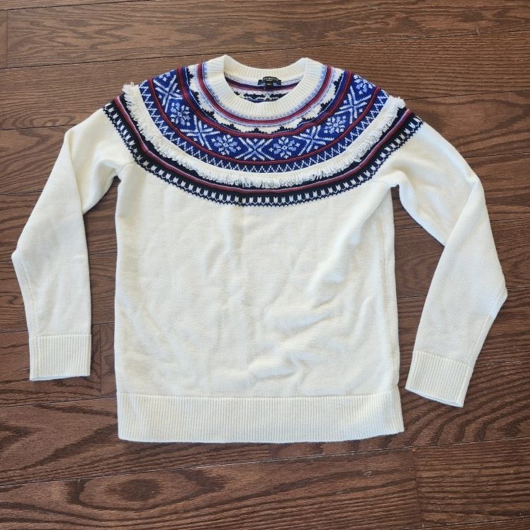 Talbots Women Fair Isle Sweater Snowflake Lambswool Red Blue Small Petite