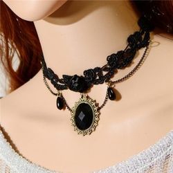 GEMS INLAID VINTAGE STYLE TASSEL BLACK LACE NECKLACE