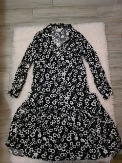 H&M Black White Floral Tiered Ruffle Long Sleeve long Dress Women's M