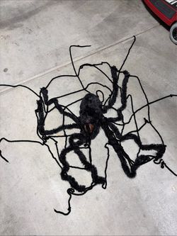 Fuzzy Black Spider With Web Halloween Decor