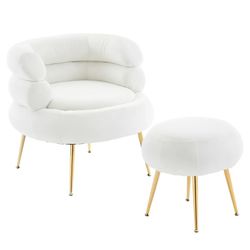 Accent Chair with Round Ottoman, Upholstered Velvet Indoor Armchair with Metal Frame, Single Tufted Leisure Chairs with Footrest Stool for Living Room