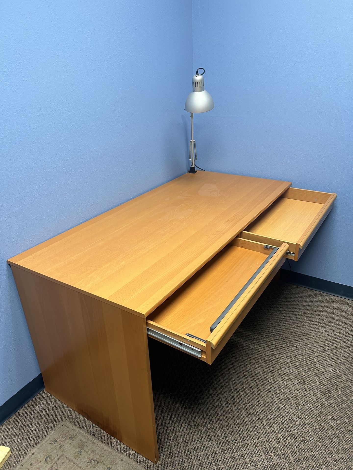 Midcentury Modern Table With Shelves and Drawer and Lamp