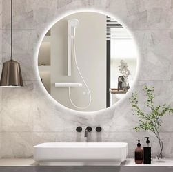 32 Inch Round LED Bathroom Mirror Backlit Anti-Fog Wall Mounted Lighted Bathroom Vanity Mirror 3 Colors Light Dimmable Smart Makeup Mirror with Touch 