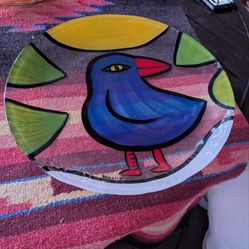 Painted Blue Bird Plate Glass Plate