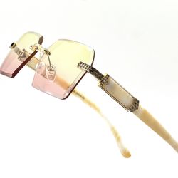 Sunglasses Fashion Rimless Yellow Pink Lens Rhinestone Retro Vintage Classic Shades