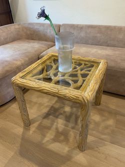 70’s Hollywood regency faux wood glass top coffee table