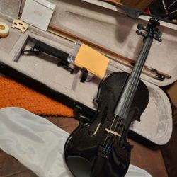 Brand New 4/4 Violin Metallic Black  bundle 4/4 violin Hard Case Bow Ext strings rosin chin/shoulder Rest ETC.