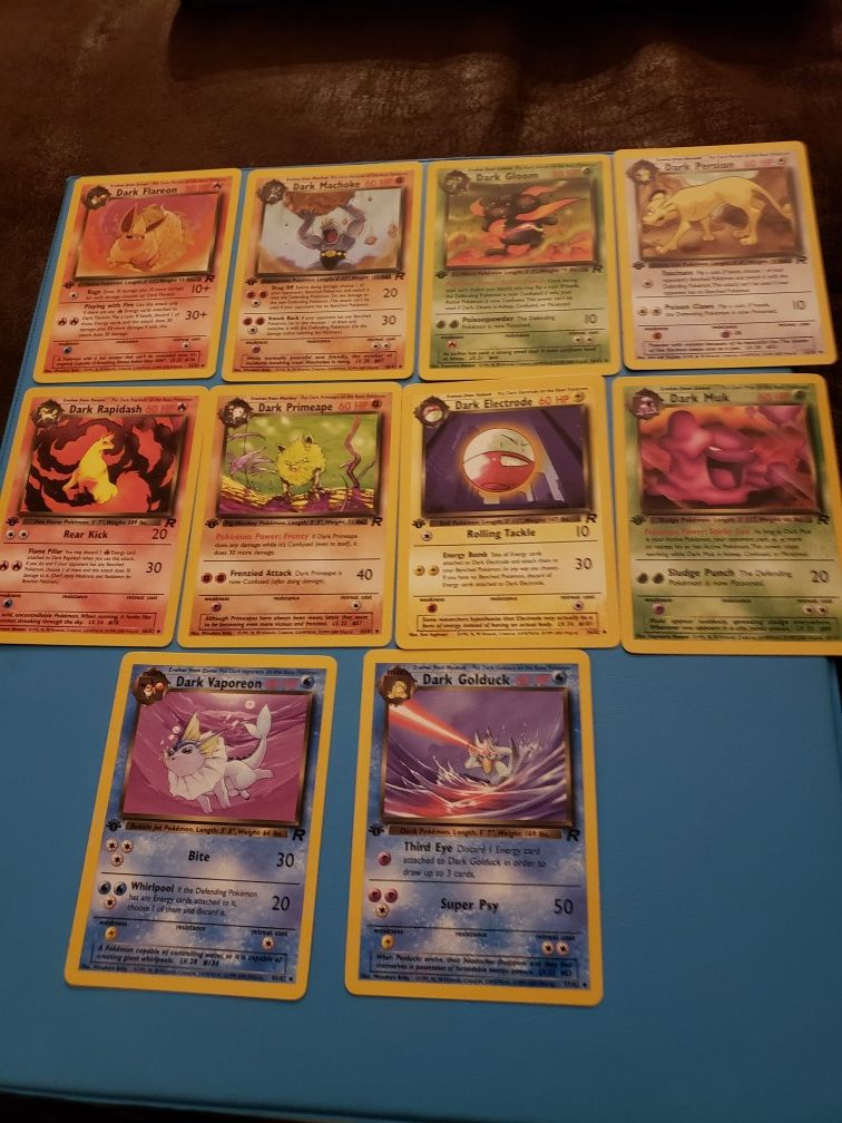 Pokemon 1st edition non holo team rocket dark cards, dark vaporeon, dark muk, dark flareon, dark machoke