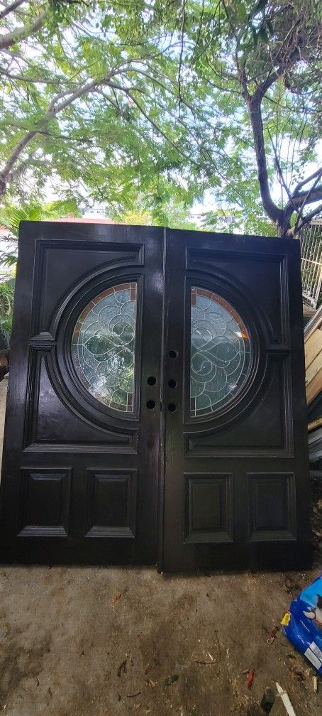 # Puerta De Caoba Y Cristal Decorado 71 X79