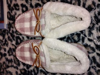 Pink Plaid Moccasin Slippers with Faux Fur Lining