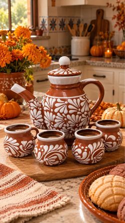 Talavera cafetera y 4 tazas