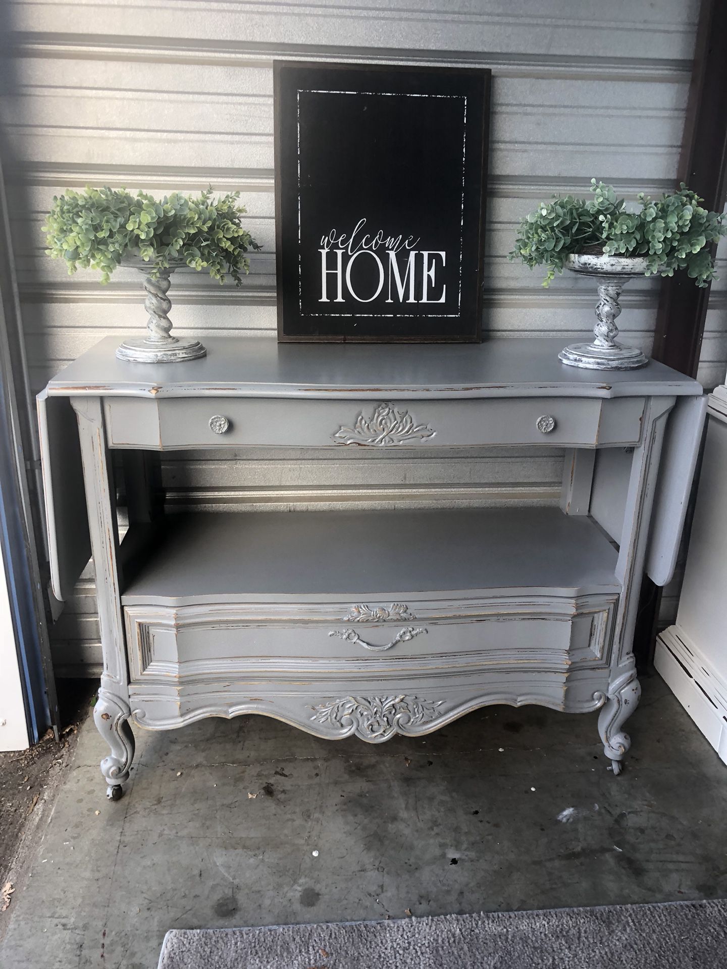 Gorgeous French Grey Server/ tv console/ coffee bar Professionally painted and heavy sealed Tastefully Distressed Very versatile piece can be used