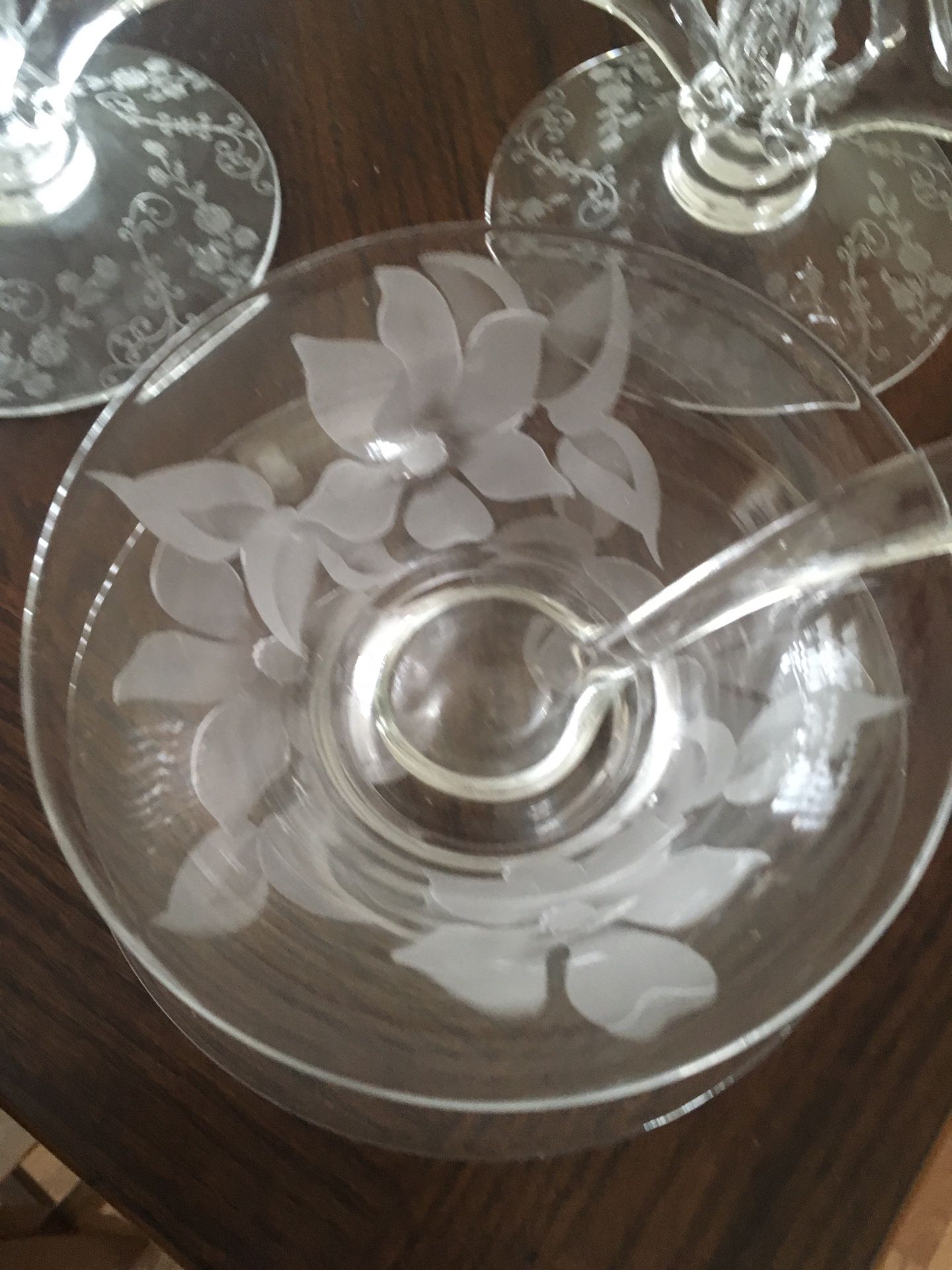 Etched Glass Relish Bowl, Spoon, Plate, & Tiered Candle Holders