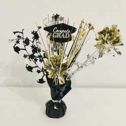 Black, Silver, & Gold Congrats Grad 9” Tinsel Burst Spray Centerpiece