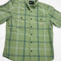 Carhartt Plaid Button Down Shirt Men’s Size L Loose Fit Short Sleeve Green
