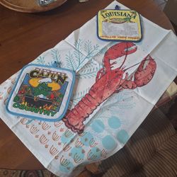 Set of Louisiana Cajun Themed Tea Towel & Pot Holders