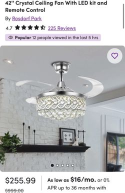 42" Ceiling Fan With Romote Control, Led Light Kit & Crystal Accents