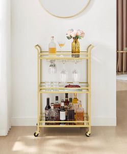 Bar Cart Gold, Small Home Bar Serving Cart with 3-Tier Mirrored Shelf, Wine Holders, Glass Holders, for Small Spaces, Kitchen, 15 x 23.6 x 36.2 Inches