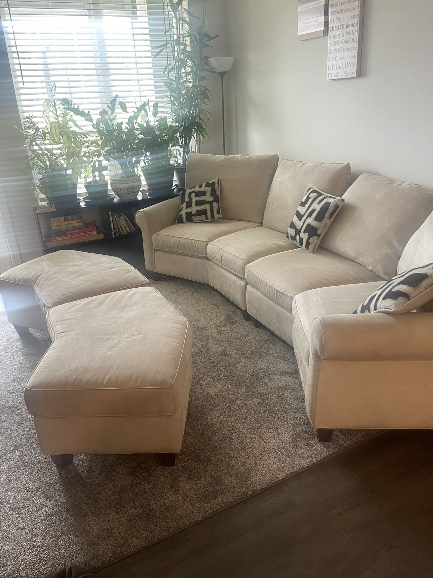 $500  Bassett 1/2 Hexagon Shaped 2 Piece Sectional With Two Ottomans
