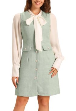 Allegra K - Women's Pinafore Dress with V-Neck, Buttons, Pockets, Vintage Style, Sleeveless, Plaid Tweed