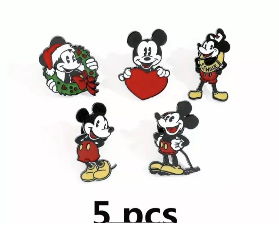 DISNEY - MICKEY MOUSE – Set of 5 Enamel Lapel Hat Pins - RETRO - S.S WILLIE