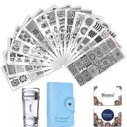 Biutee 19pcs Nail Stamp Plates set 15 plate 1Stamper 2Scraper 1storage bag Nails