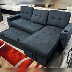 Dark gray sectional pull out sofa bed sleeper sofa with cup holders