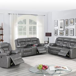 Brand New Grey Leather Power Reclining 3pc Sofa Set 