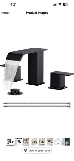 Bathroom Faucet 3 Hole 8" Widespread Sink Faucets Matte Black 3-hole 4-12 Inch Widespread Sink, Square Waterfall Spout, with Drain and Hoses,