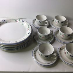 Stoneware Dish Set. 8 Big Plates, 6 Tea Cups With Plates