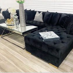 Lauren Velvet Black Double Chaise Sectional / couch /Living room set 