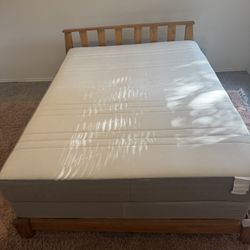 Queen Wooden Bed Frame, Mattress, And Box Spring