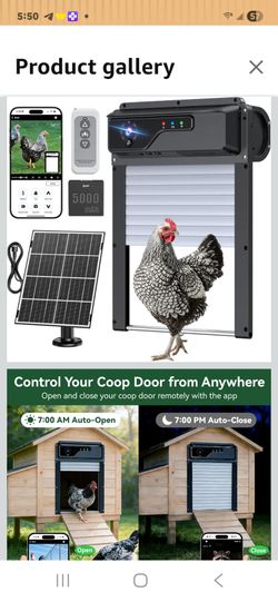 Automatic Chicken Coop Door with Camera, WiFi App Control, Solar Powered Smart Chicken Door with HD Night Vision, 5000 mAh Battery, Anti-Pinch Safety,